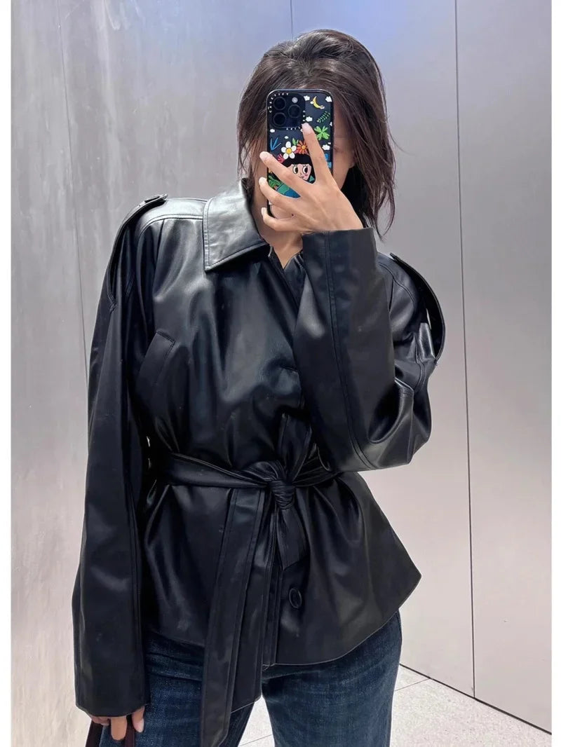 2026 Autumn Winter New Fashion Belt Leather Jacket Coats Women Long Sleeve Windbreaker Black Coat Female Streetwear Leather Coat