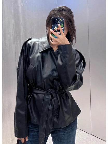 2026 Autumn Winter New Fashion Belt Leather Jacket Coats Women Long Sleeve Windbreaker Black Coat Female Streetwear Leather Coat
