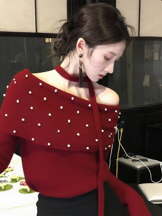 Christmas Winter Sweet Red Knitted Sweaters Women Y2k Harajuku Korean Fashion Pullovers Casual Long Sleeve Elegant Jumpers