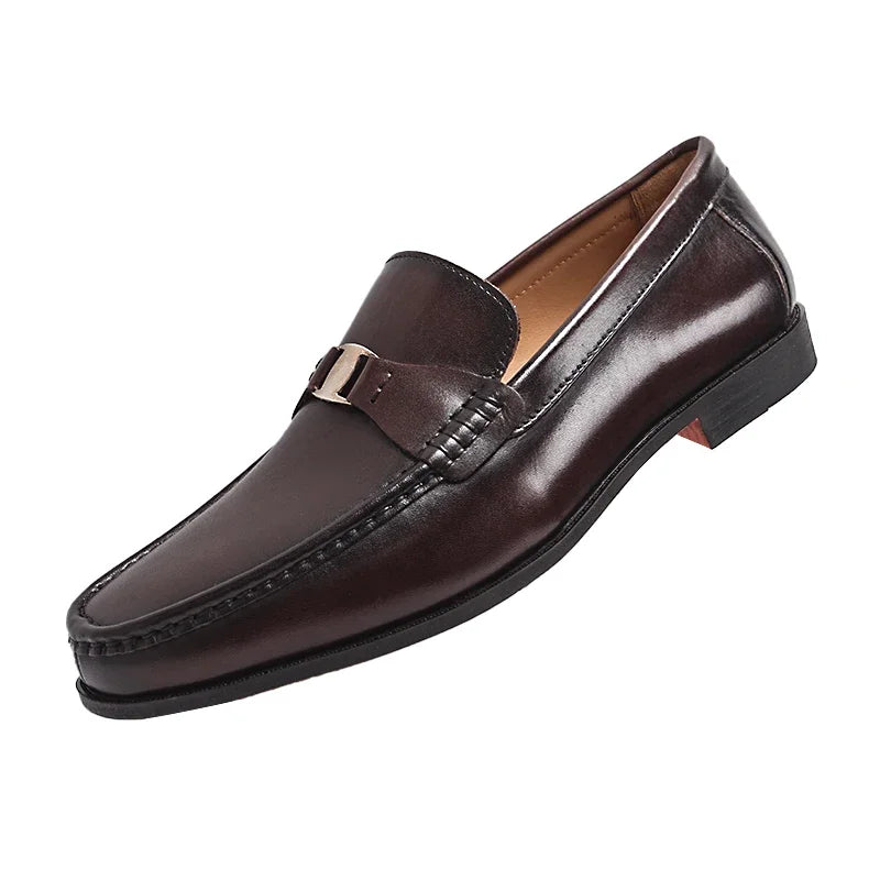 Men's Genuine Leather Non-Slip Flat Loafers Handmade Metal Buckle Glossy Pointed Banquet Wedding Party Formal Shoes