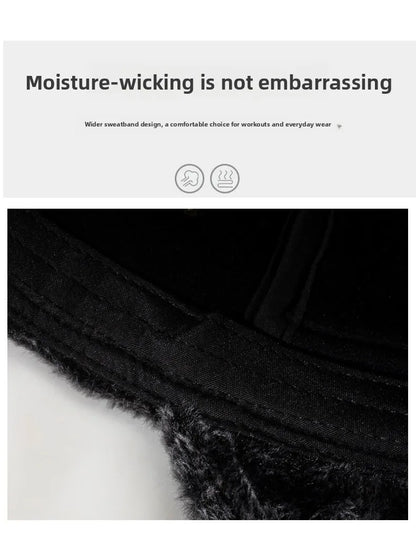 Mens Leather Flat Top Baseball Cap Warm Ear Hat for Elderly in Autumn Winter Thickened Fleece-lined Cold Cap