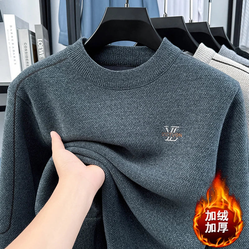 Winter 2025 Men's Sweater with Fleece and Mink Fur for Middle-aged Warmth, Integrated Fleece Base, Embroidered Round Neck Top