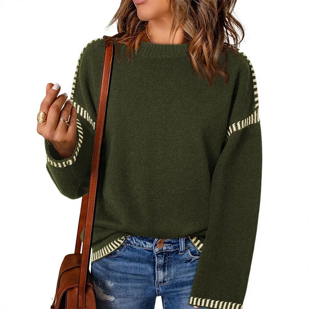Women's Sweaters Autumn Winter 2025 Comfortable Daily Dark Stripe Design Long Sleeve Round Neck Relaxed Fit Top