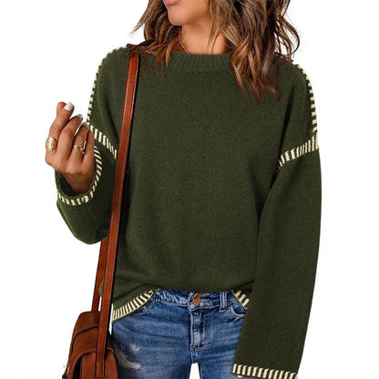Women's Sweaters Autumn Winter 2025 Comfortable Daily Dark Stripe Design Long Sleeve Round Neck Relaxed Fit Top