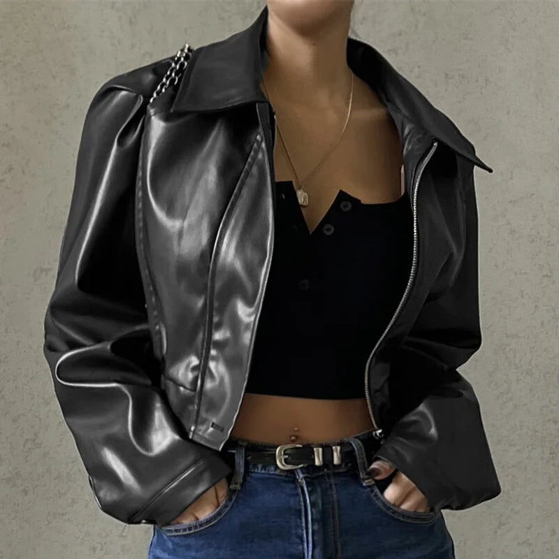 2025 Fashion Faux Leather Jacket Aesthetic Fashion Streetwear Turn-down Collar Coat Women Autumn Casual Simple Long Sleeve Coats