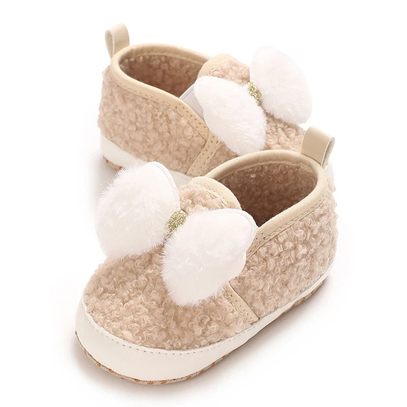 Cute Toddler Winter Boots Warm Plush Snow Booties Slip-on Soft Sole Shoes for Baby Girls with Bow Decoration and Anti-Skid
