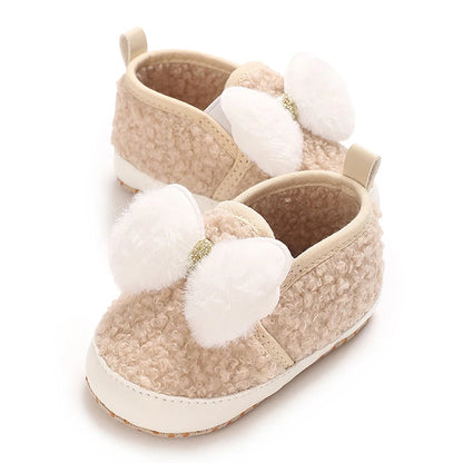 Cute Toddler Winter Boots Warm Plush Snow Booties Slip-on Soft Sole Shoes for Baby Girls with Bow Decoration and Anti-Skid
