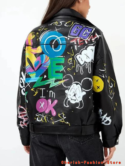 Fashion Brand Coat PU Leather Jacket Women Colorful Print Graffiti Soft Punk Coats Slim Locomotive Cropped Jacket Leather Top 1