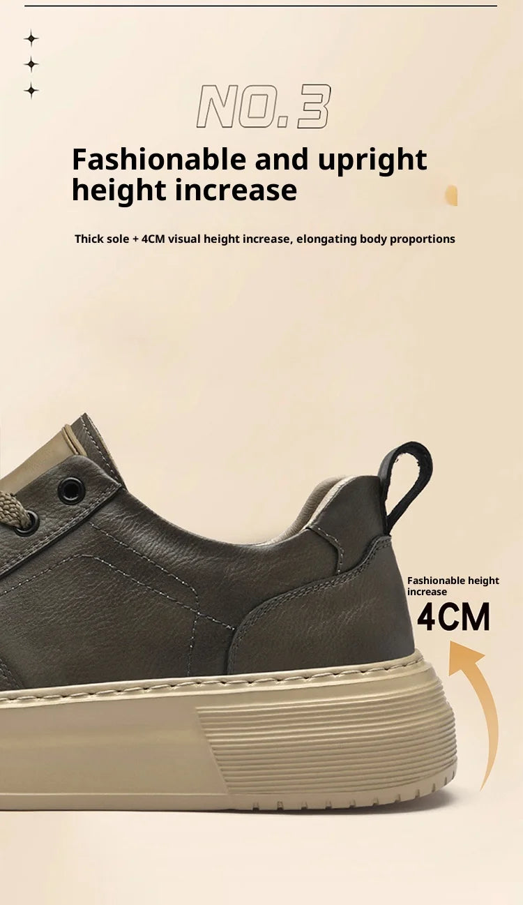 Genuine Leather Men's Casual Shoes, Thick-soled, Anti-slip, Wear-resistant, Height-increasing, Street Fashion, Retro Board Shoes