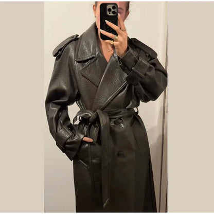 Elegant Women's Double Breasted Long Leather Coat With Belt Lapel Full Sleeve Pockets Jacket 2025 Autumn Winter Lady Outwear New