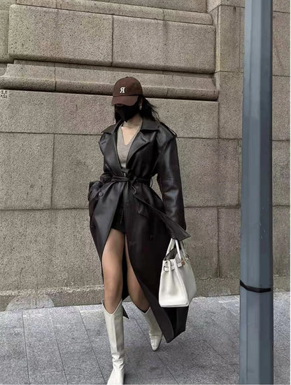 Women Faux PU Leather Coats Turn Down Collar Black High Waist Lace Up Long Jackets Casual Elegant Y2k Maxi Loose Windbreak