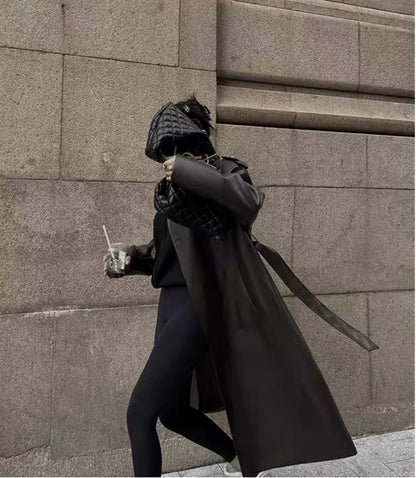 Women Faux PU Leather Coats Turn Down Collar Black High Waist Lace Up Long Jackets Casual Elegant Y2k Maxi Loose Windbreak