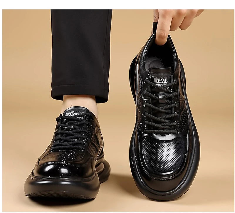 Genuine Leather Shoes Men Trendy Athletic Casual Walking Business Office Air Cushion Sneaker Sports Lightweight Streetwear Brown