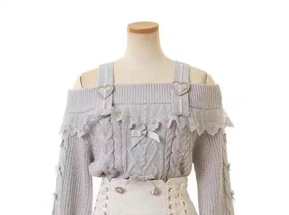 Japanese Sweet Bow Long-sleeve Knitted Pullover Sweater Autumn Winter New Off-shoulder Sexy Lolita Girls Liz Sweater Jumper Top