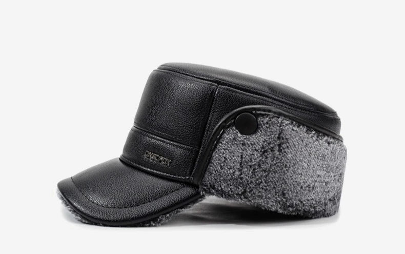 Mens Leather Flat Top Baseball Cap Warm Ear Hat for Elderly in Autumn Winter Thickened Fleece-lined Cold Cap
