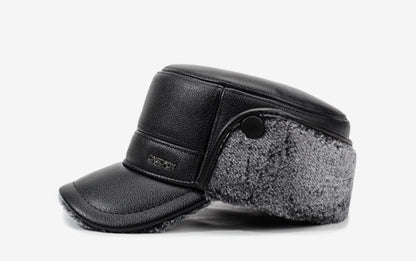 Mens Leather Flat Top Baseball Cap Warm Ear Hat for Elderly in Autumn Winter Thickened Fleece-lined Cold Cap