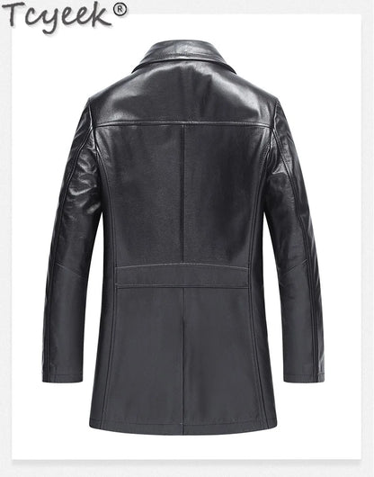 Tcyeek Real Cowhide Genuine Leather Man Jackets Mid-length Trench Coat Spring Autumn Suit Jacket Men Clothing Jaqueta De Couro