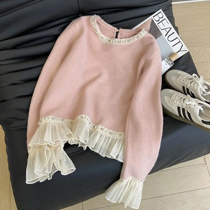 New Winter Sweet Loose Beaded Ruffled Pink Sweater for Women Fashion Versatile Casual and Elegant Knitted Sweater
