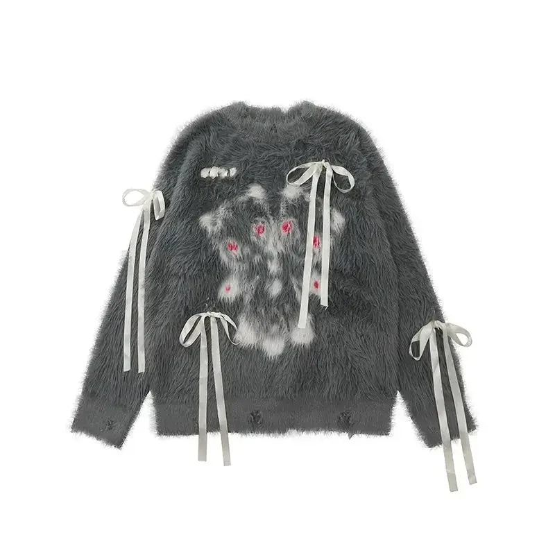 American sweet and cool bow sweater women's autumn and winter new loose soft waxy retro loose sweater outside the coat.