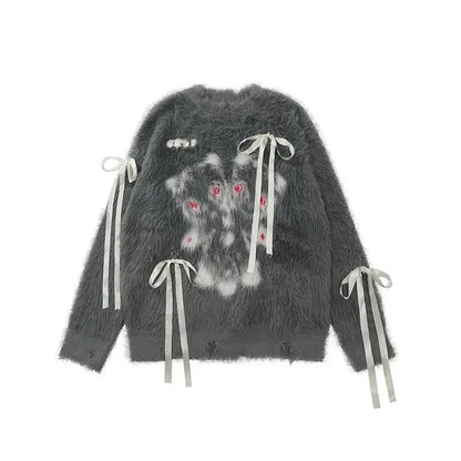 American sweet and cool bow sweater women's autumn and winter new loose soft waxy retro loose sweater outside the coat.