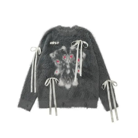 American sweet and cool bow sweater women's autumn and winter new loose soft waxy retro loose sweater outside the coat.