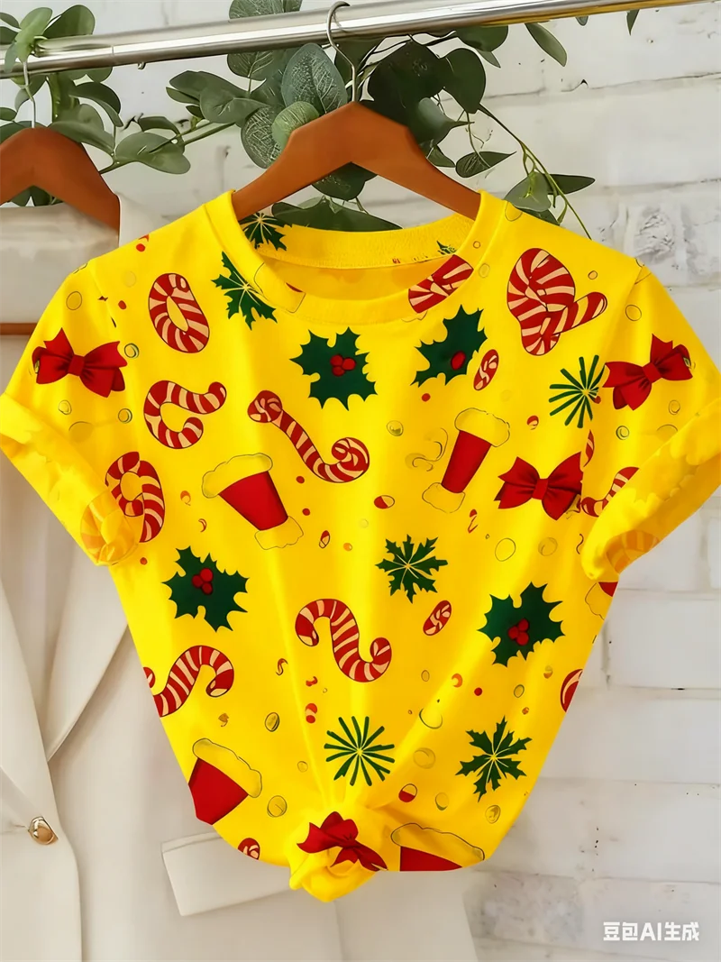 Christmas elements sweet candy snowflake 3D printed women's short sleeved T-shirt fashion casual party holiday Woman y2k clothes
