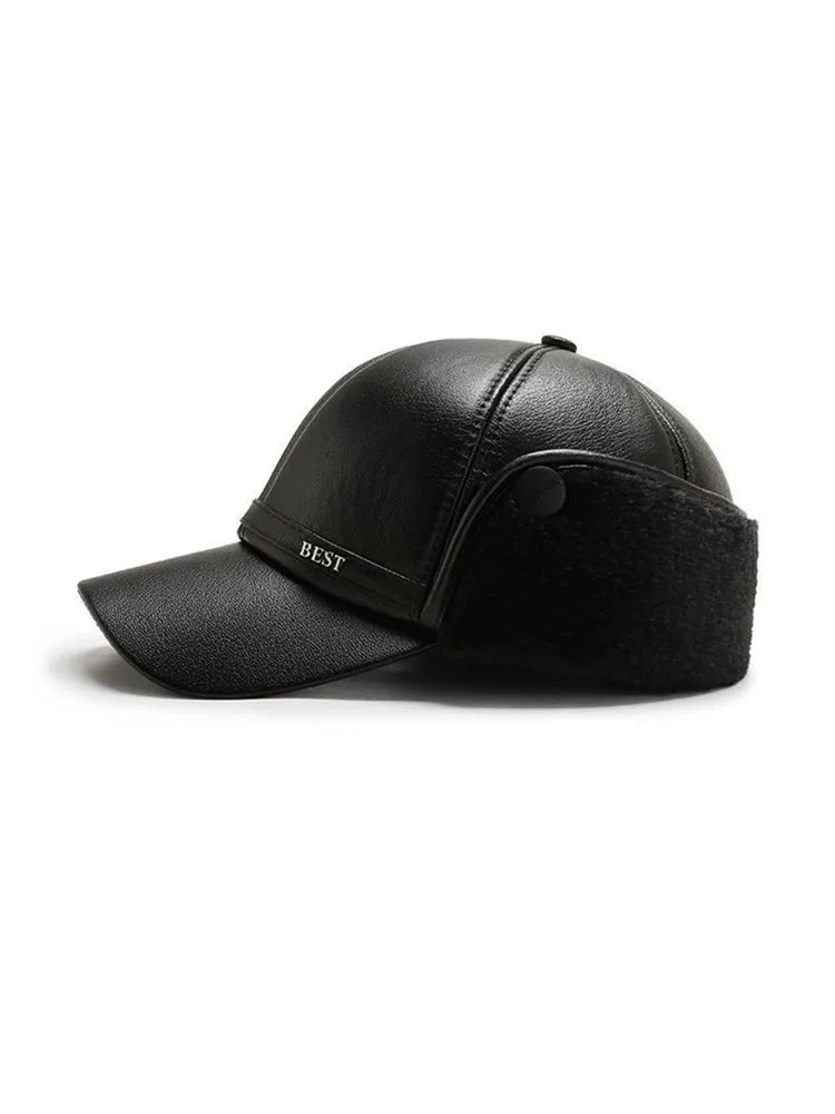 Men's Casual Cuffed Soft Leather Baseball Cap for Middle-Aged and Elderly, Warm for Winter