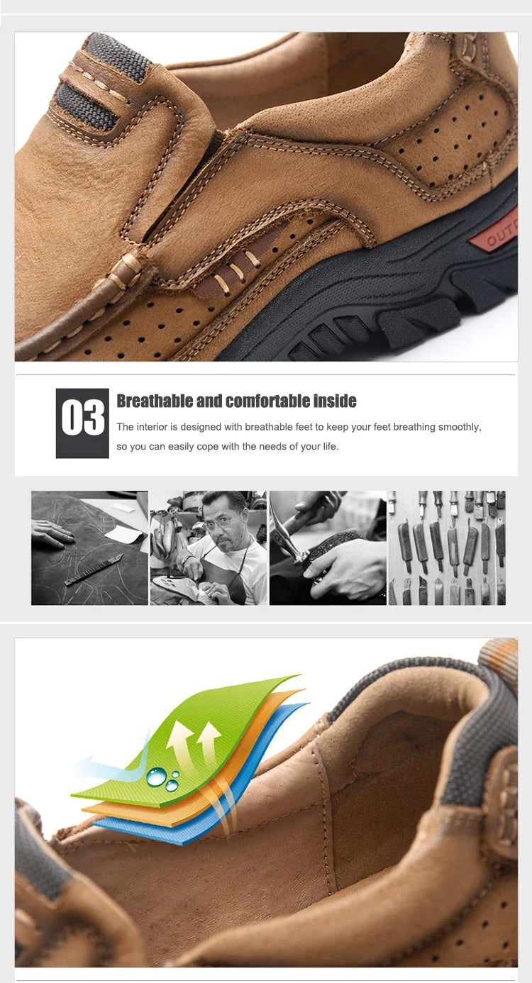 Handmade Leather Men Shoes Casual Outdoor Slip On Loafers Men Leather Shoes Flats Moccasins Walking Shoes Non-Slip Dropshipping