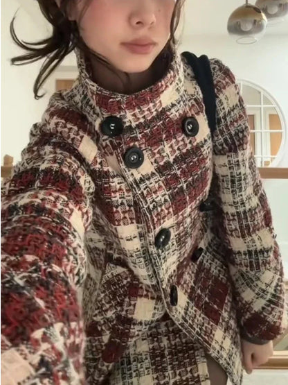 Autumn Winter Chic Coat Warm Checkered Turtleneck Shoulder Straight Coat Women Double Breasted Full Sleeve Middle Long Coat Lady