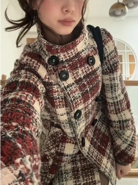 Autumn Winter Chic Coat Warm Checkered Turtleneck Shoulder Straight Coat Women Double Breasted Full Sleeve Middle Long Coat Lady