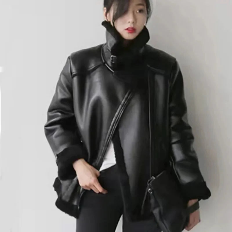 Women Leatherette Coat Female Loose Outwear Extra Thick Warm Extra Thick Lamb Wool New Autumn Winter Pu Leather Jacket