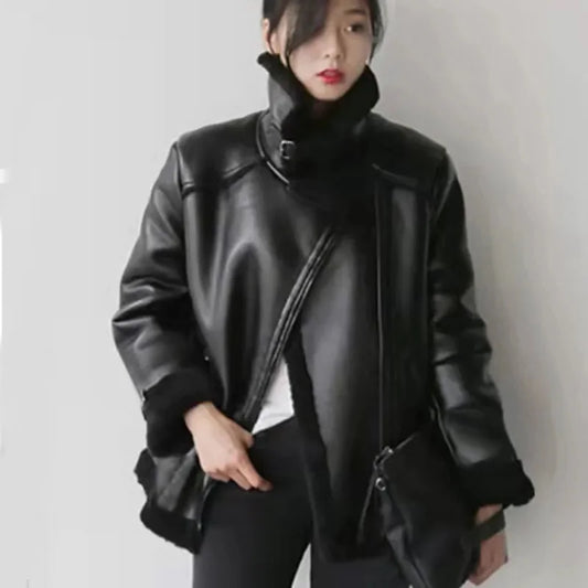 Women Leatherette Coat Female Loose Outwear Extra Thick Warm Extra Thick Lamb Wool New Autumn Winter Pu Leather Jacket