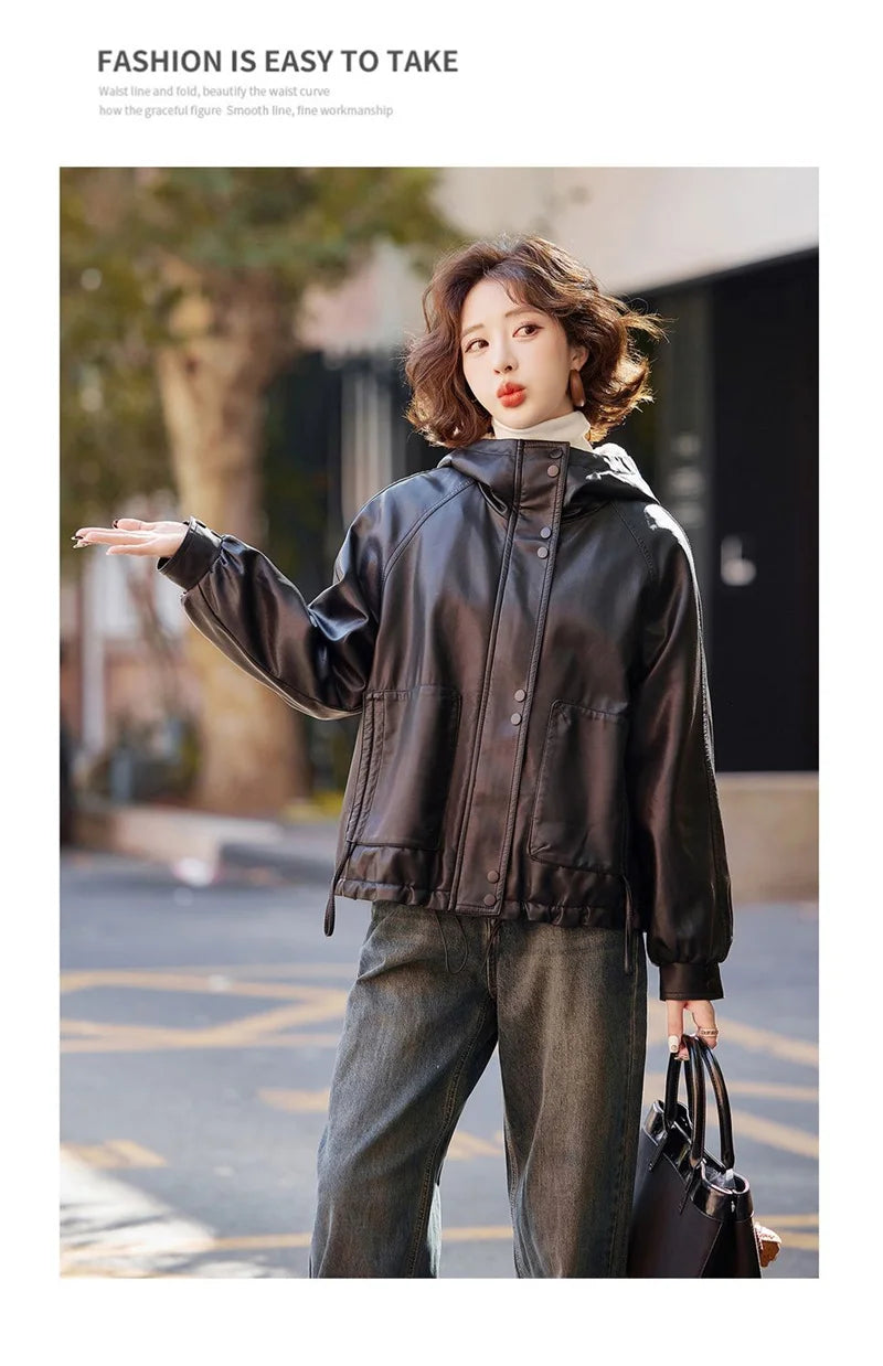 2025 Winter Leather Jacket Women Add-velvet Thicken Warm Coats Loose Hooded Short Jackets Streetwear Windproof Leather Outerwear