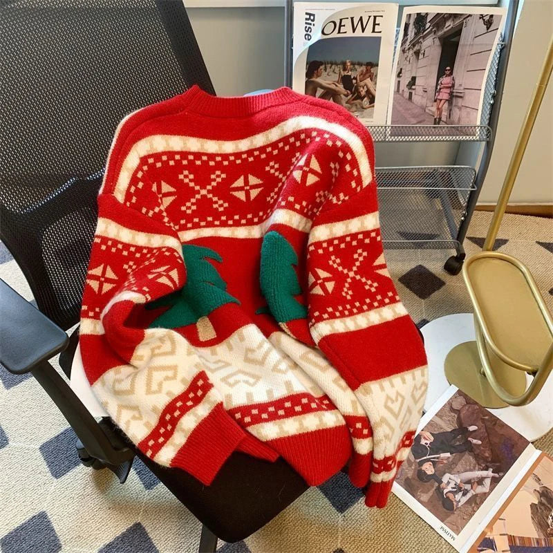 Sweet Christmas Tree Red Sweater Women Long Sleeve O Neck Cute Knit Pullover Harajuku Y2K Preppy Style Casual Lazy Jumper