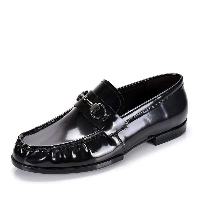 Black Genuine Leather Men's Shoes Loafers Pointed Toe British Design Horse Collar Buckle Lazy Patent Leather Dress Shoes