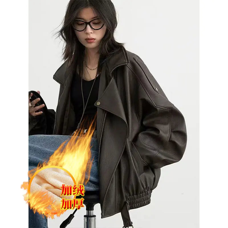 Faux Pu Leather Coats Women Solid Jackets Belt Zipper Turn Down Collar Long Sleeves Loose Casual Streetwear 2025 Spring Autumn