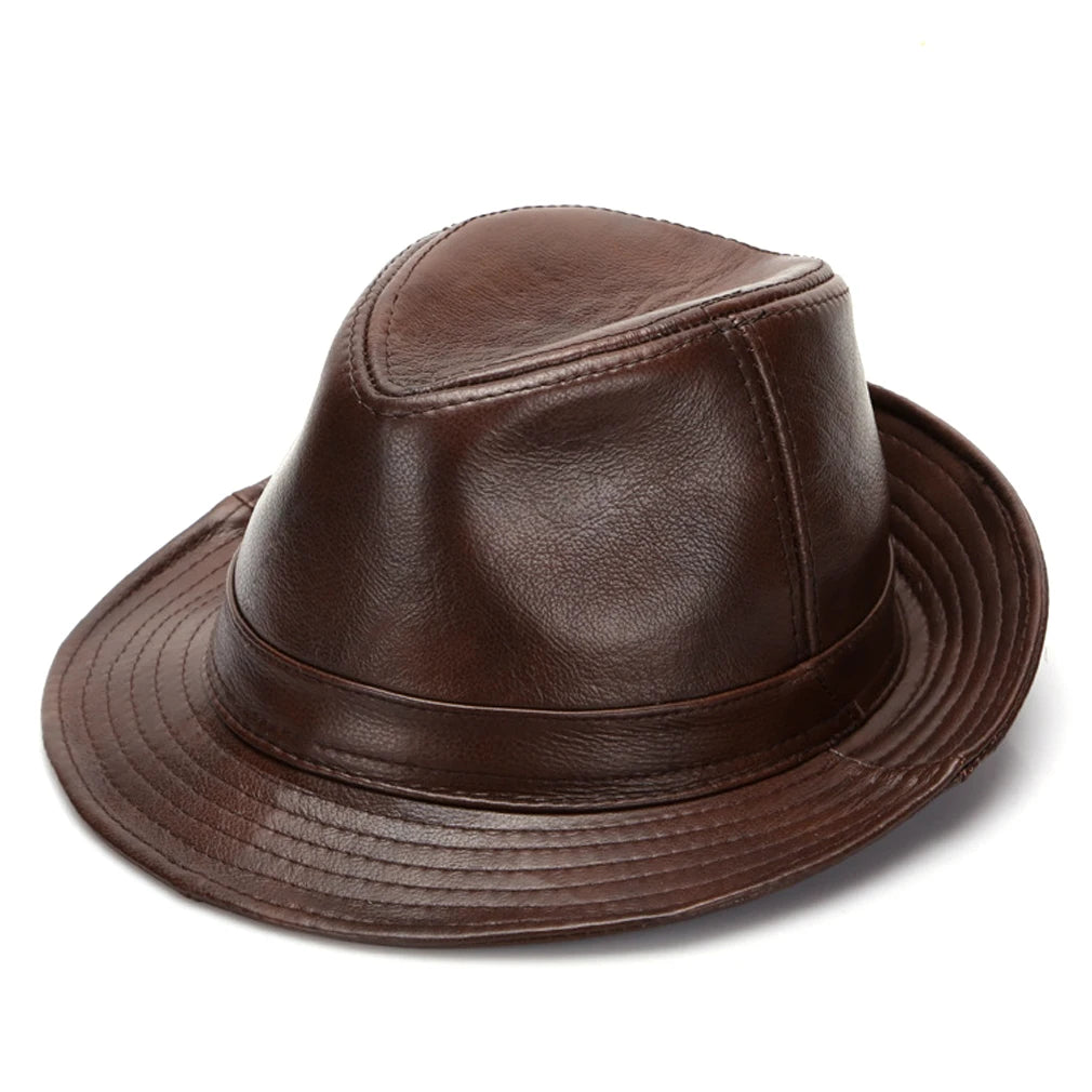 Men's Gentlemen's Fedora Hat Genuine 100% Cowhide Leather Trilby Cap Real Cowhide Leather Jazz Casual Autumn Winter Top Cap