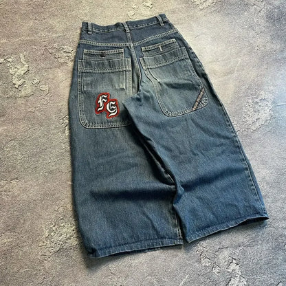 Jeans letter embroidered black loose trousers Couple fashion retro new athlete street clothing Y2K Harajuku street wear trousers