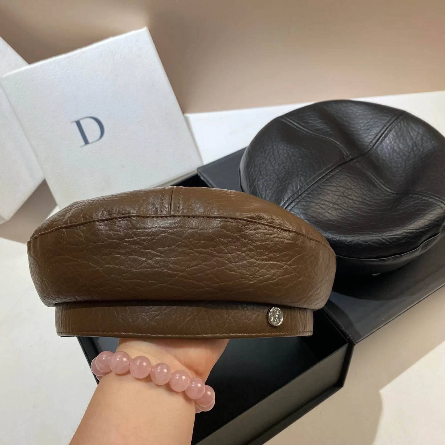 PU Leather Beret Caps Women Fashion Artist Painter Hat Letter M Female Berets Flat Top Octagonal Cap Ladies All-Match Caps