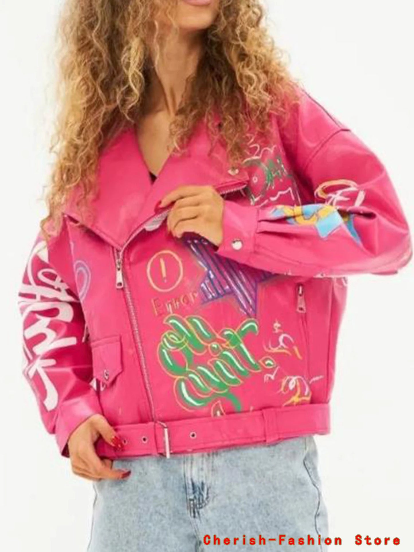 Fashion Brand Coat PU Leather Jacket Women Colorful Print Graffiti Soft Punk Coats Slim Locomotive Cropped Jacket Leather Top 1