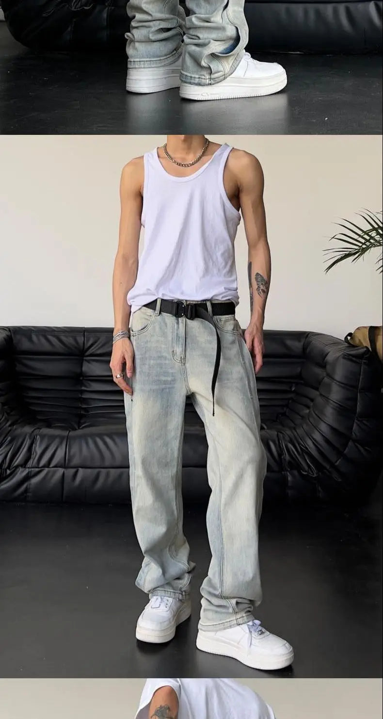 Jeans for Men Loose Light Blue Baggy Straight Man Cowboy Pants Punk Spliced Y2k Vintage Trousers 2025 Korean Autumn Trend Cotton