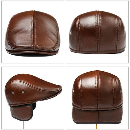 Men's Genuine Leather Hat Vintage Classic Thicker Warm Cowhide Leather Berets With Ears Snapback Cap Fashion Cap Gifts for Dad