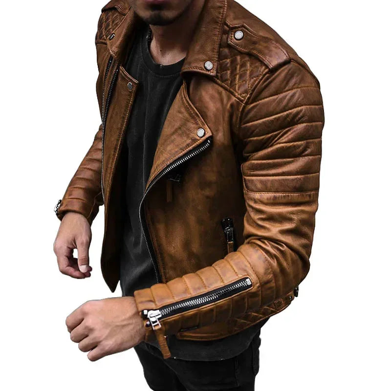 Leather Coat Men Spring Autumn Fashion Slim Lapel Locomotive Men Leather Jacket Solid Color Long Sleeve PU Brown Leather Jacket