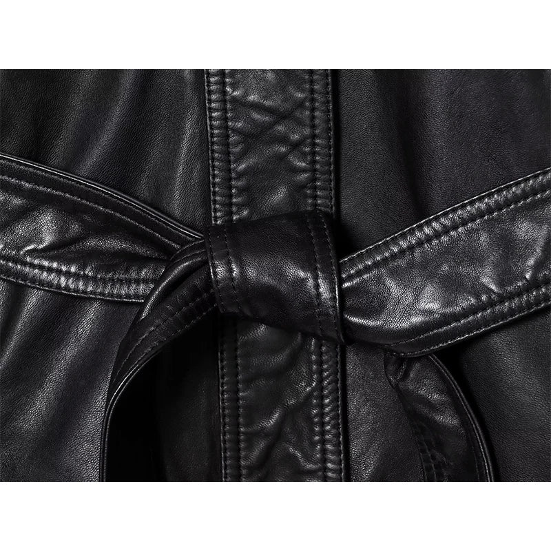 Women's Faux Leather Jacket Coats Fashion With Belt Turn-down Collar Long Sleeve Coats Autumn Winter Female Outerwear Chic Tops