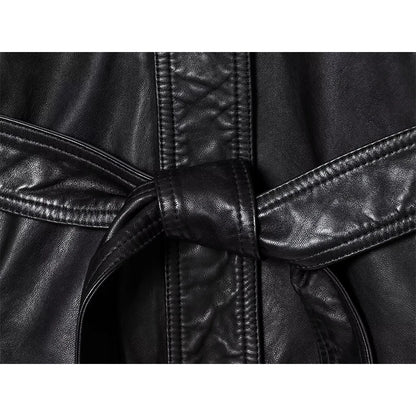 Women's Faux Leather Jacket Coats Fashion With Belt Turn-down Collar Long Sleeve Coats Autumn Winter Female Outerwear Chic Tops