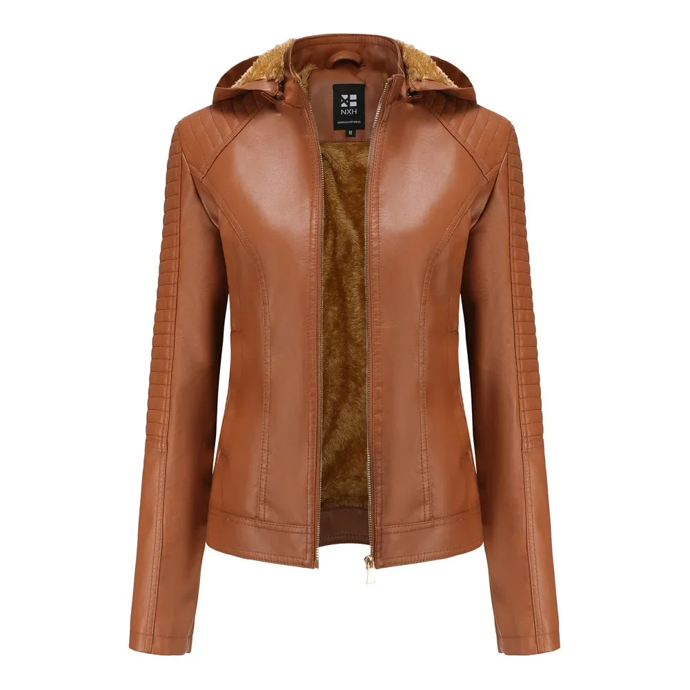 Faux Leather Women Coat Hooded Full Sleeve Slim Fit Solid Sexy Regular Jackets Zipper Casual Splice Coats Thick Warm Jacket
