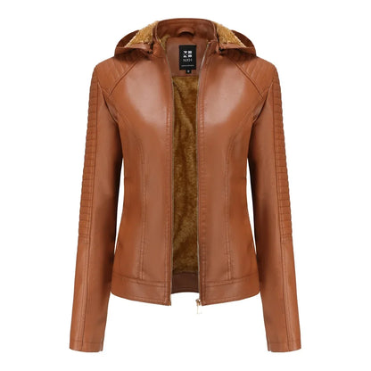 Faux Leather Women Coat Hooded Full Sleeve Slim Fit Solid Sexy Regular Jackets Zipper Casual Splice Coats Thick Warm Jacket