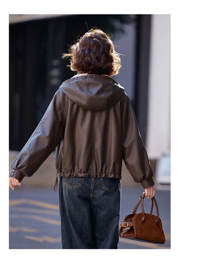 2025 Winter Leather Jacket Women Add-velvet Thicken Warm Coats Loose Hooded Short Jackets Streetwear Windproof Leather Outerwear