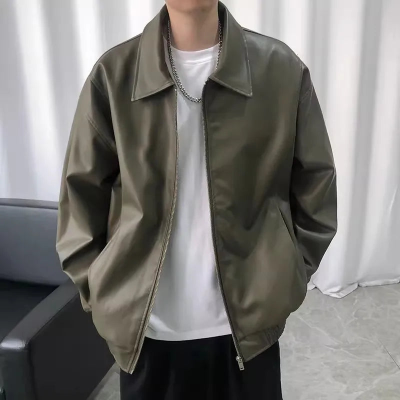 Leather Jacket For Men Solid Casual Turn Down Collar Pu Leather Motorcycles Jackets Autumn Male Loose Vintage Moto Biker Coats