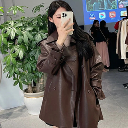 Ladies Fashion Leather Femme Leisure Leather Jacket Spring Autumn Women Faux Leather Coat  ﻿
